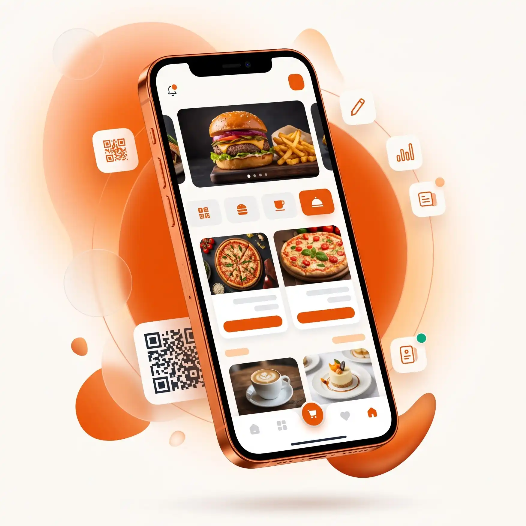 موکاپ موبایل منوی دیجیتال کافه گندم با تم کرم/قهوه‌ای، کارت آیتم‌ها همراه عکس و قیمت